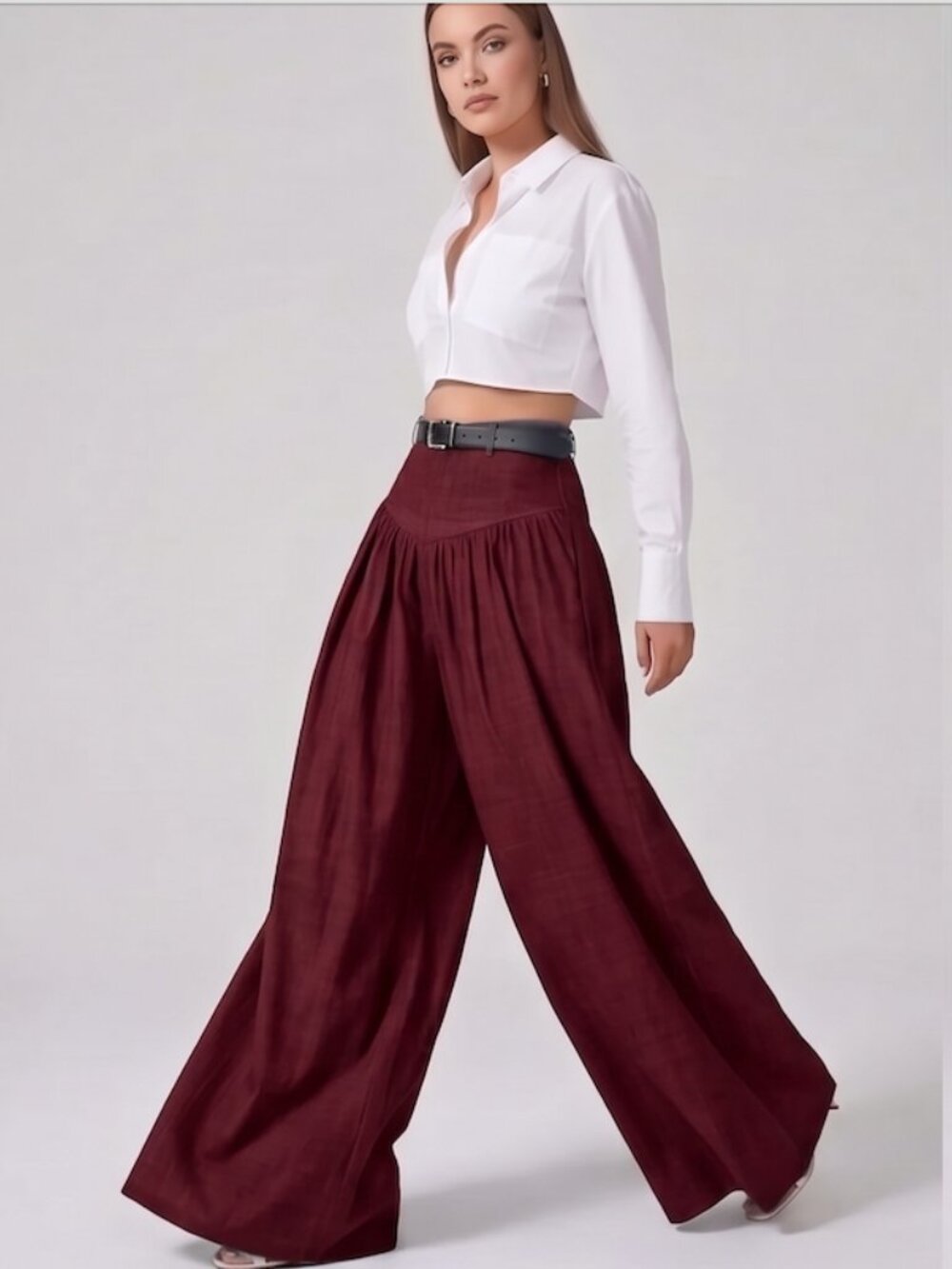 High Waisted Yoke Pleated Wide Leg Palazzo Pants Burgundy
